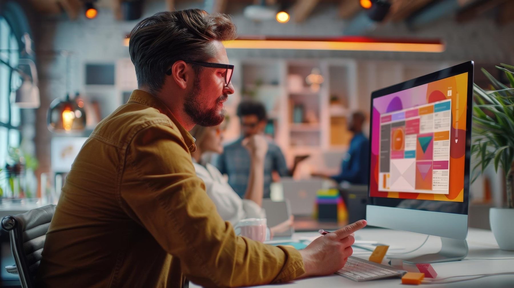 A designer reviewing a website layout on a desktop screen